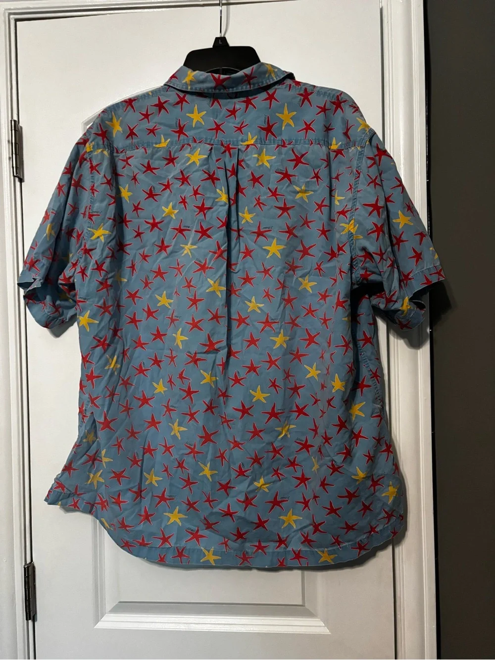 J. Crew Light Blue Short Sleeve Button-Down Shirt with Red & Yellow Star Print L